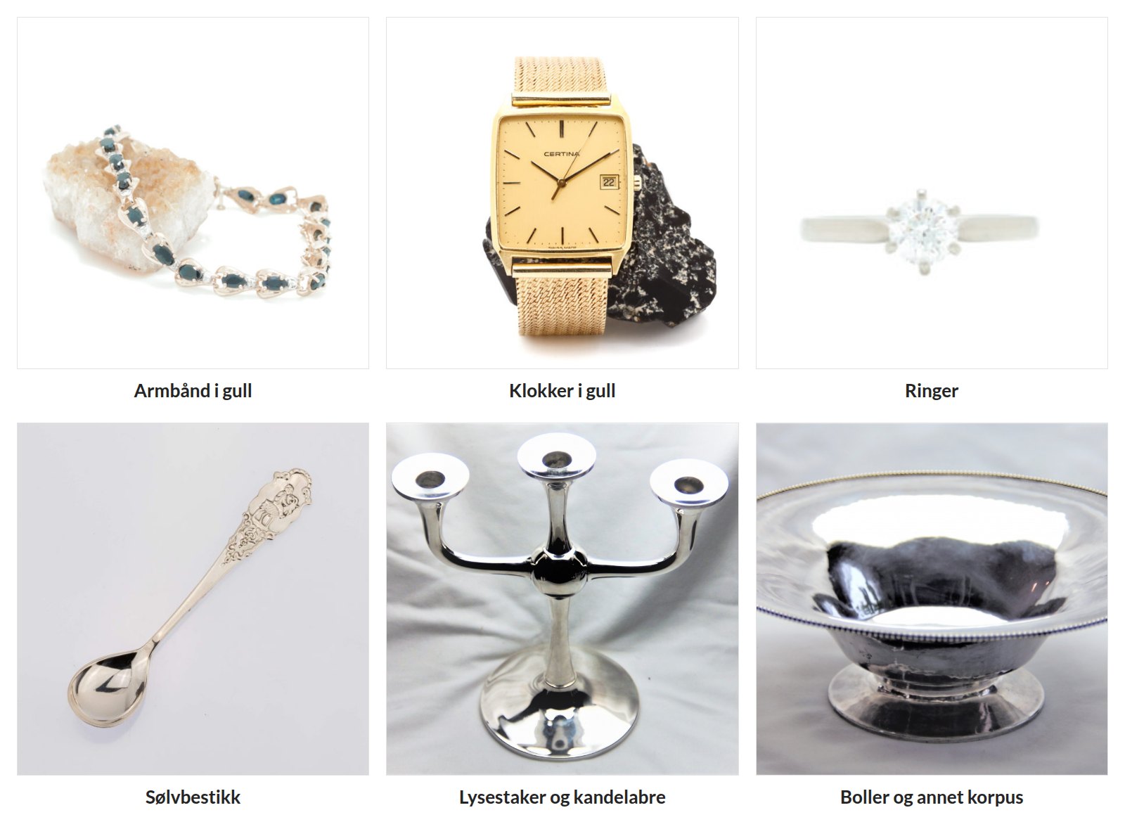 Seks av Skattekistens egne produktfoto: armbånd i gull, klokke i gull, ring, sølvskje, kandelaber og sølvbolle